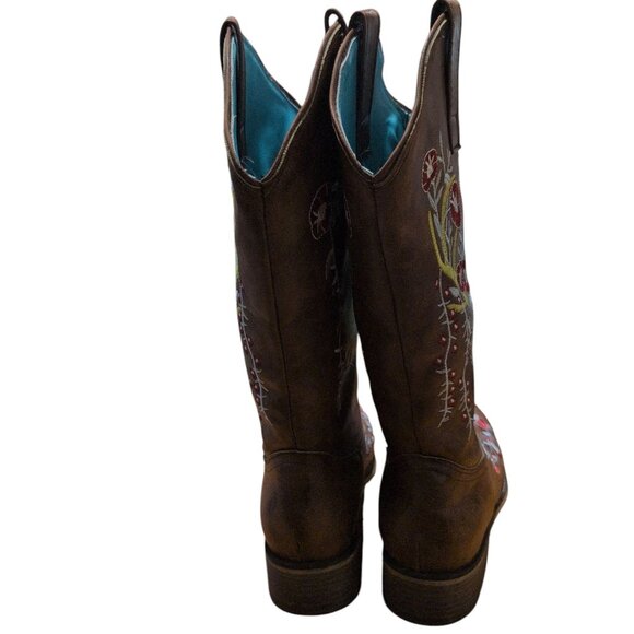 Cowgirl Boots Brown Embroidered Floral Leather Western Style Boots 1.5 heel - Picture 4 of 5